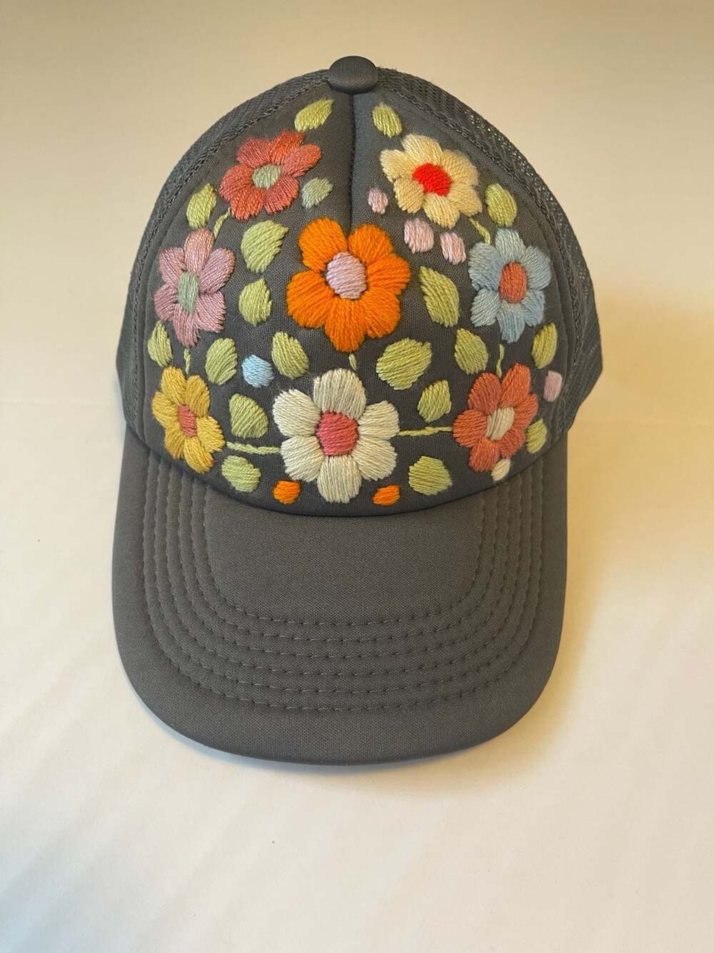 Boho Canvas Floral Embroidered Mesh Cap Hat